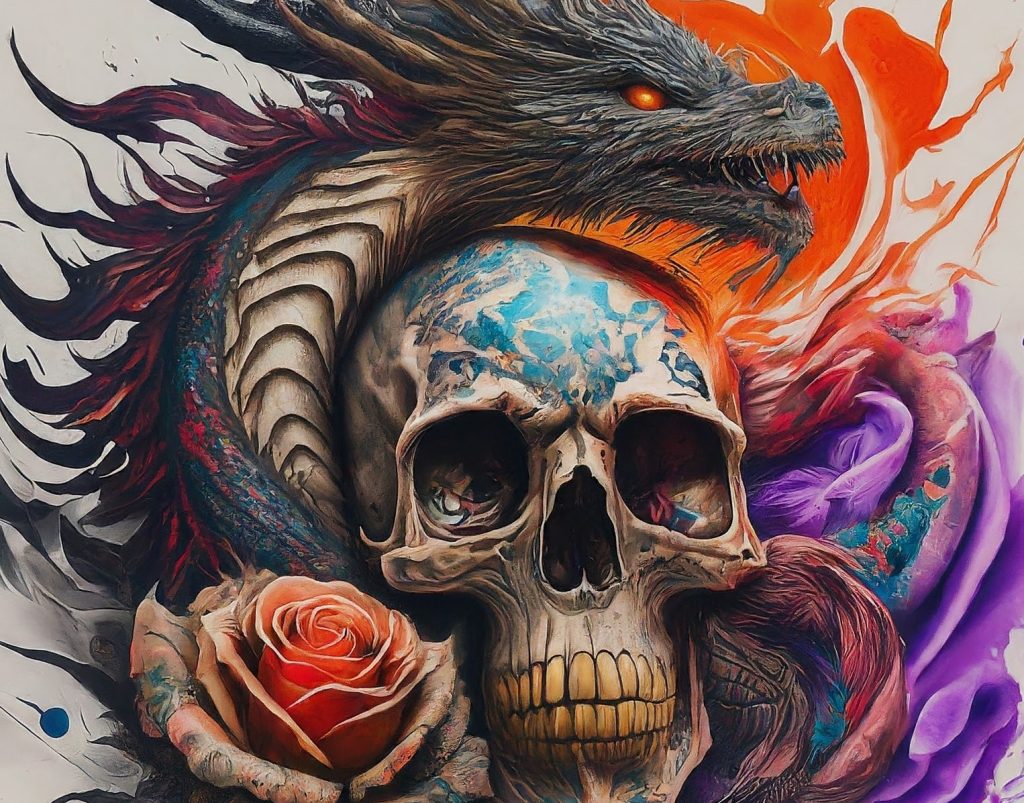 a tattoo having dragon, rose and skull