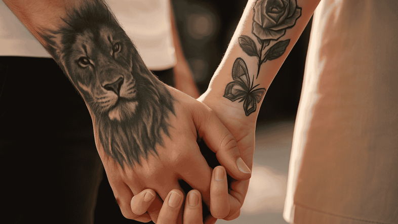 couple holding tattooed hands