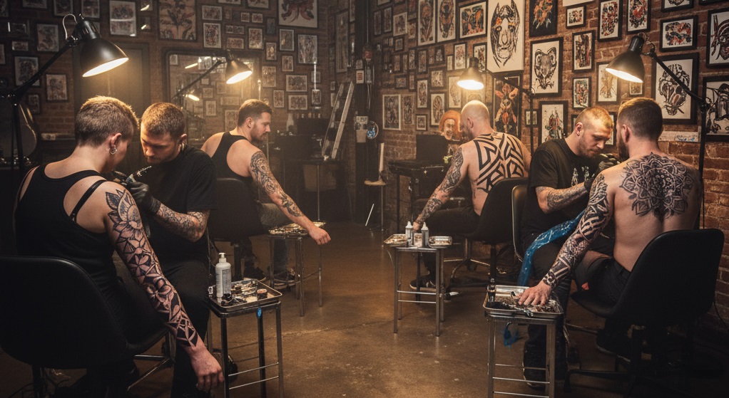 people getting fresh blackwork tattoos