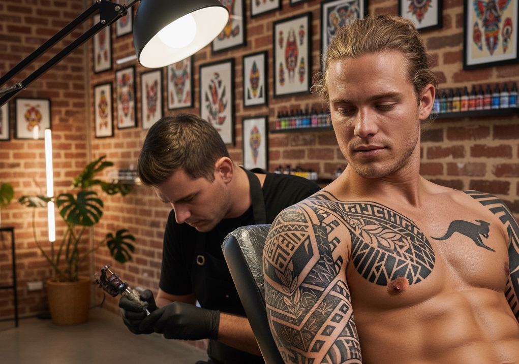 an Australian having a blackwork tattoo