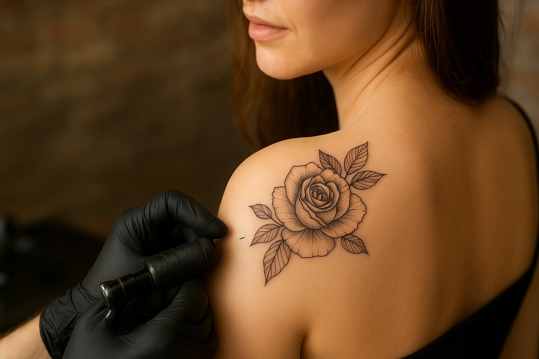 rose tattoo design on a girl's shoulder