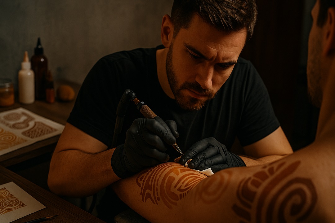 a tattoo artist in the middle of making an interesting tattoo design